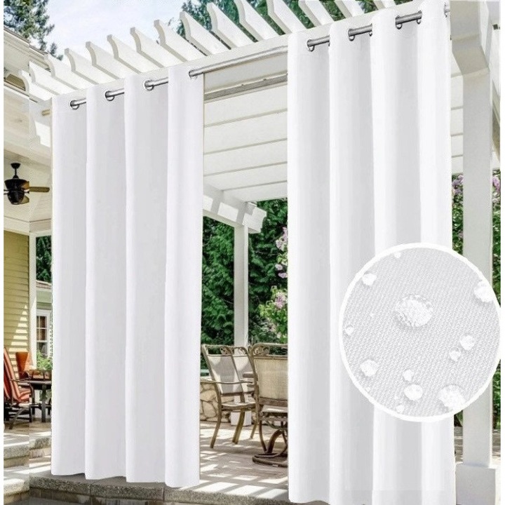Draperie Makarska impermeabila si rezistenta la apa, cu inele, pentru gradina, terasa, foisor si balcon, dimensiune 150x220 cm, Culoare Alb