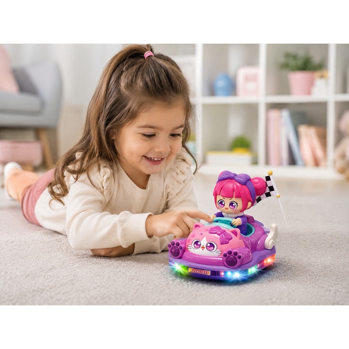 Masinuta Bumper Cars pentru Fetite – Cu Lumini, Sunete si Figurina Sofer, Model Pisicuta Roz