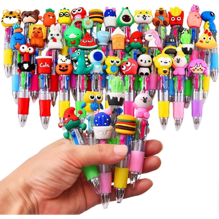 36 darabos készlet, 4 az 1-ben mini tollak, rajzfilm stílusú dekoratív fejekkel, ergonomikus kialakítás gyerekeknek, piros/zöld/szürke/kék tinta, többszínű