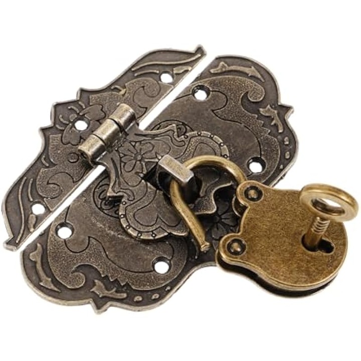 Incuietoare hasp, lacat mic pentru cutii bijuterii si cadouri, stil vintage, din aliaj de zinc, cu cheie inclusa, compacta 7.5x5.5x0.7 cm, bronz antichizat, 1 buc