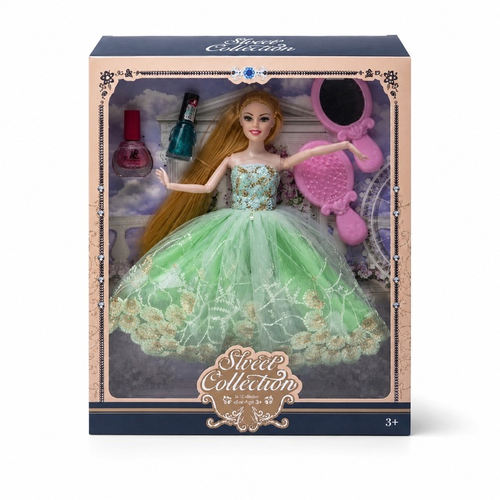 Set Papusa Emily Cu Accesorii Beauty Pentru Copii, Papusa Fashion Cu Rochie Eleganta Verde, Oglinda, Perie Si Produse De Infrumusetare, Jucarie Pentru Fetite Cu Tinuta De Printesa Si Jocuri De Rol Creative, Multicolor