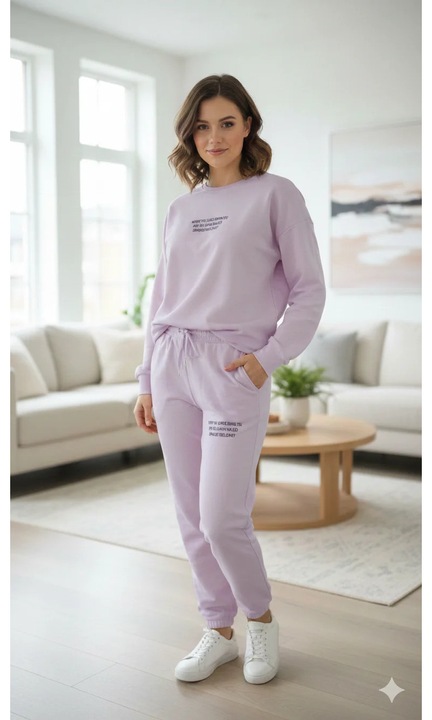 Trening dama din 2 piese – pantaloni lungi si bluza cu imprimeu text, Lila