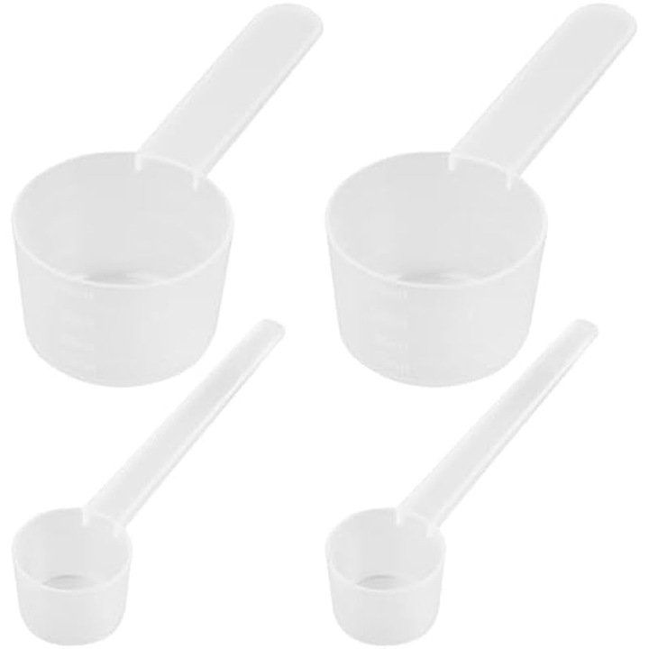 Set 4 bucati linguri masuratoare/dozatoare din plastic alimentar, cu scara gradata si ergonomice, reutilizabile si stivabile, transparent, 2 x 40ml/20g, 2 x 5g