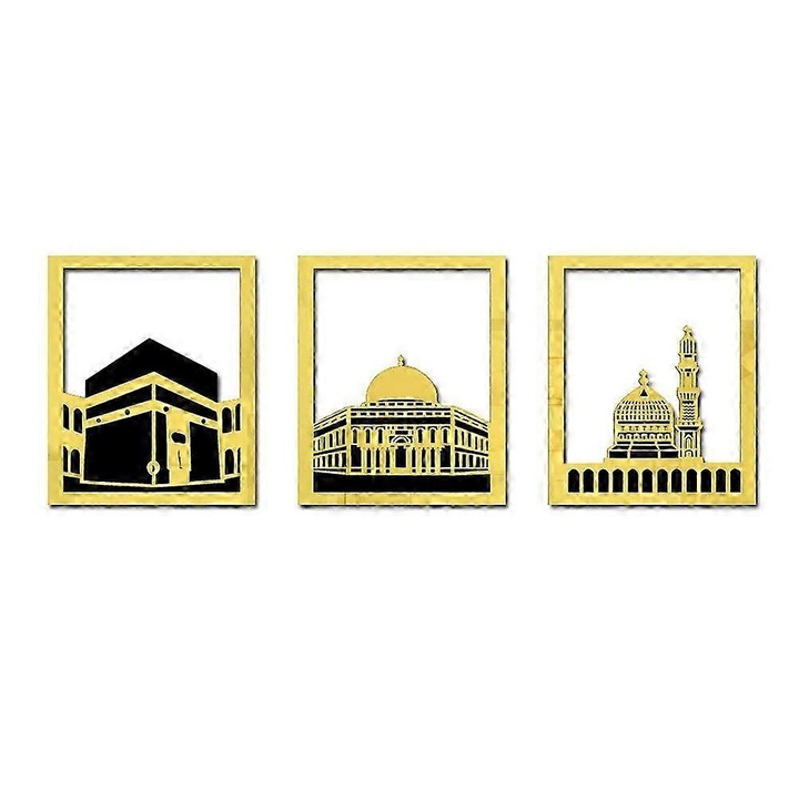 3 darabos szett, falmatrica, tükrös akril matrica mecset Ramadán Eid, 3D, öntapadós, vízálló, arany, 3 x 20x22.5x0.2 cm