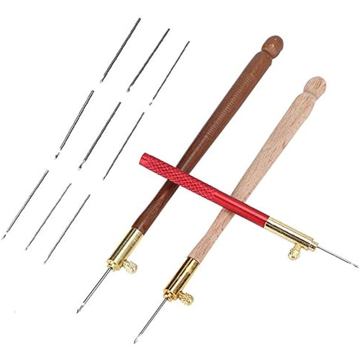 Set 3 carlige de crosetat si 9 ace pentru brodat, din fag si otel, manere ergonomice antiderapante, diametre 0.7/1.0/1.2 mm, lungimi 8/11/12 cm, Multicolor, 3+9 bucati