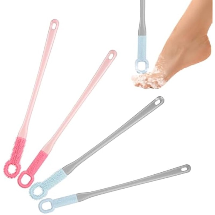 Set 4 bucati, perie pentru picioare din silicon, cu maner lung, peri moi si fermi, pentru curatare intre degete si exfoliere, albastru/roz, 39.7x3.6x1.2 cm