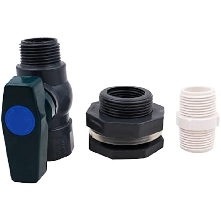 Robinet/ventil pentru butoi de ploaie, kit montaj bulkhead 1 inch, PVC rezistent, garnitura silicon 5 mm etansa, usor de instalat, Negru/Alb, 1 set