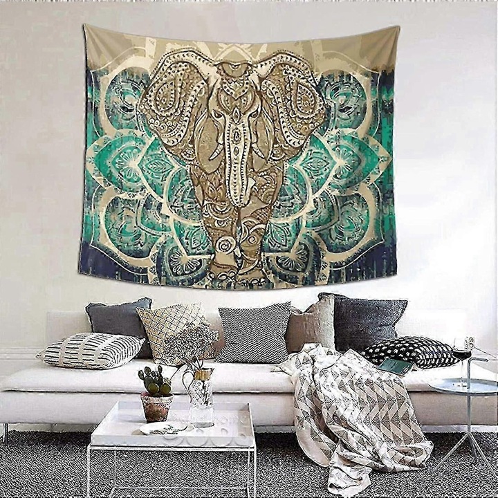 Tapiserie de perete, panza decorativa Mandala Boho cu elefant, din poliester, lavabila la masina, include cleme si carlige fara urme, multicolor, 150x130 cm, 1 buc