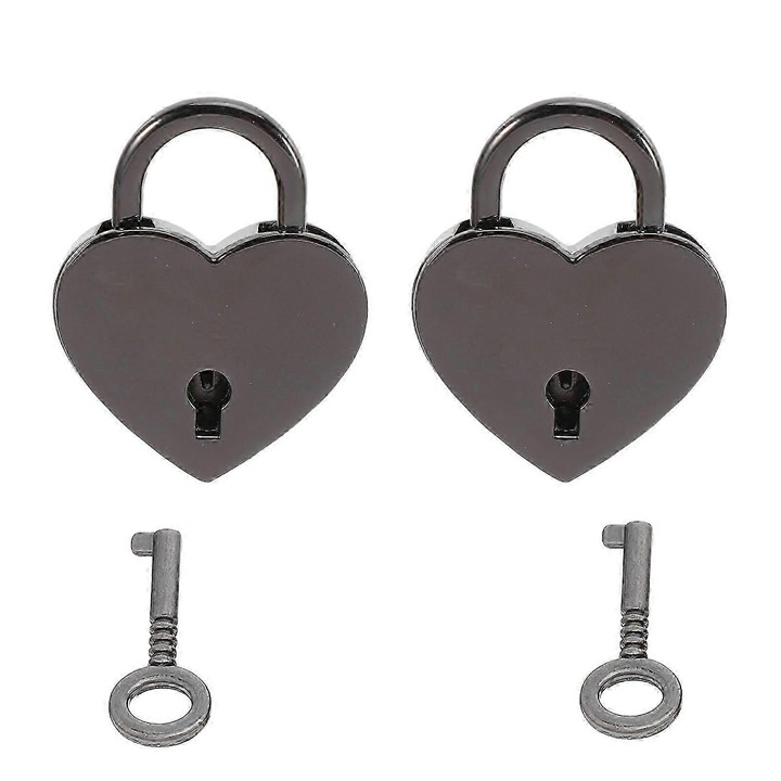 Set 2 bucati, lacat in forma de inima, incuietoare metalica mini cu cheie pentru jurnal si geanta, negru, 2 x 3.3x2.9x0.6 cm