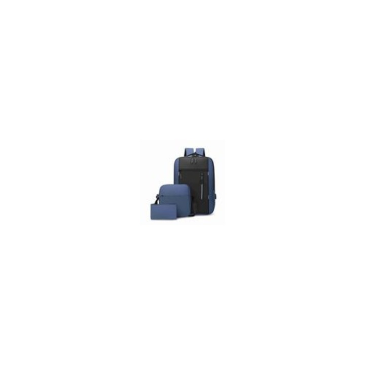 Férfi táska szett, laptop hátizsák, crossbody táska, kézitáska, vízálló, szürke-fekete-kék, 40x28x11cm-22x22x5cm-17x10x1cm
