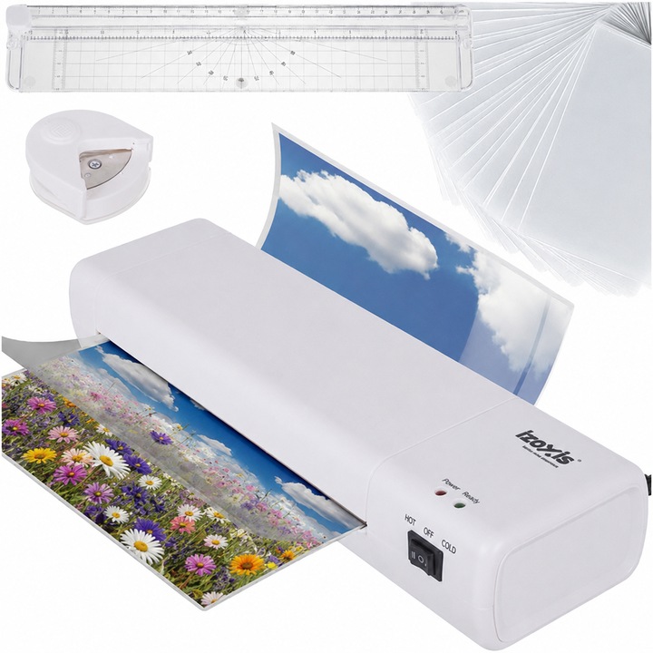 Lamináló A4 IZOXIS 4 az 1-ben, 500W, Meleg/Hideg Laminálás, Beépített Vágó, Sarokkerekítő, Gyors Felmelegedés, 60 Fólia Mellékelve Fehér Szín