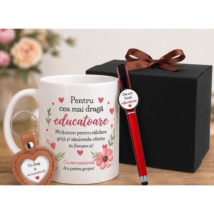 Set Cadou pentru Educatoare: Cana, Pix Multifunctional si Breloc Piele