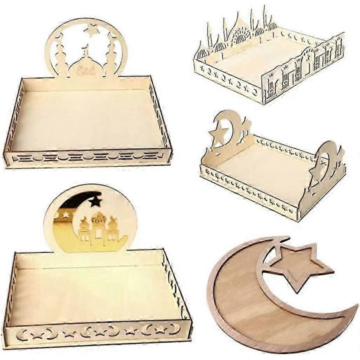 Eid Mubarak témájú fa tálalótálca/desszerttálca, hold és csillag kivágással, natúr, 1 db.