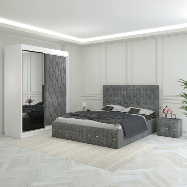 Dormitor Eric Gri Tapitat Cu Noptiere Tapitate CELA MOB - 160X200