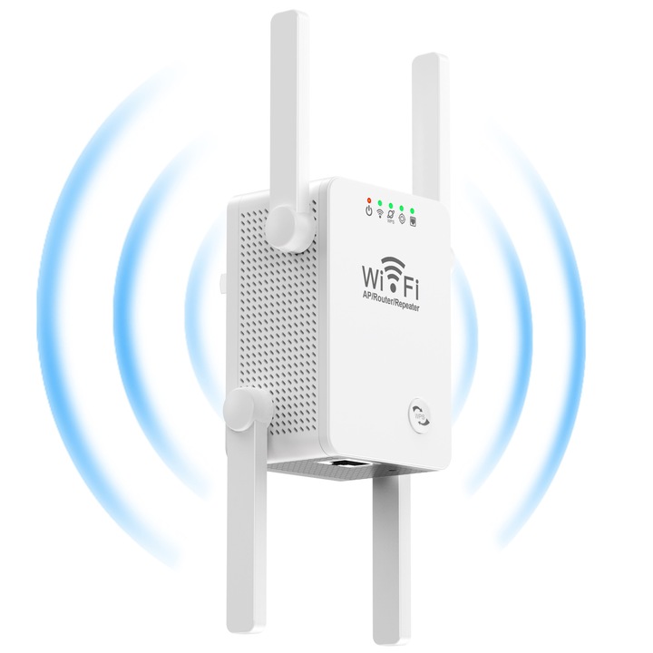 WiFi Jel Erősítő, U8-300M, 4 Antenna, 300 Mbps, Wi-Fi Hatótávnövelő, 2.4 GHz Frekvencia, WPA/WPA2 Csatlakozás, WPS, LAN Port, Fehér