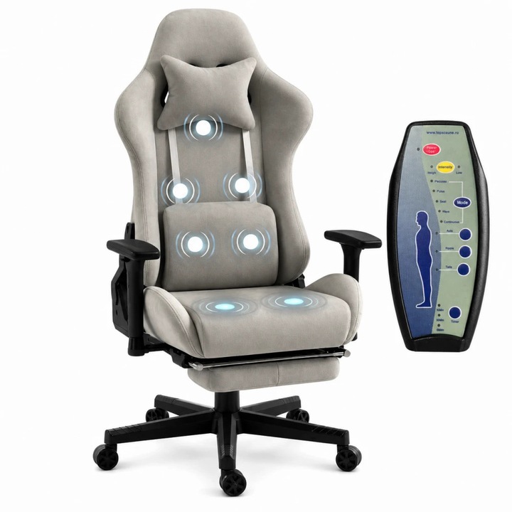 Scaun Gaming, TOPSCAUNE®, Scaun Gaming Ergonomic Cu Masaj 7 Puncte Si Incalzire, Telecomanda USB, Cotiere 3D Reglabile, Spatar Rabatabil 90°-180°, Suport Picioare Retractabil, Tapiterie Catifea Premium, Cilindru SGS Clasa 3, Baza Nailon, Rotire 360°, Gri