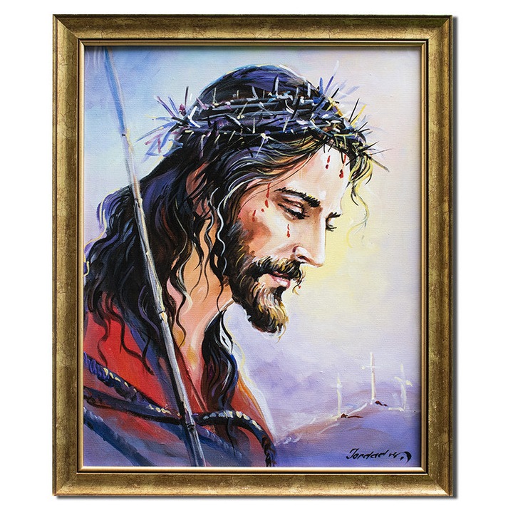 Isus Hristos tablou pictat manual inramat, 55x45cm ulei pe panza, Mircea Iordache