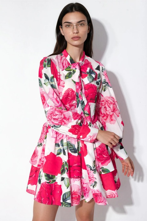 Rochie mini tip camasa, MSN Collection, floral, multicolor, poplin, maneci lungi