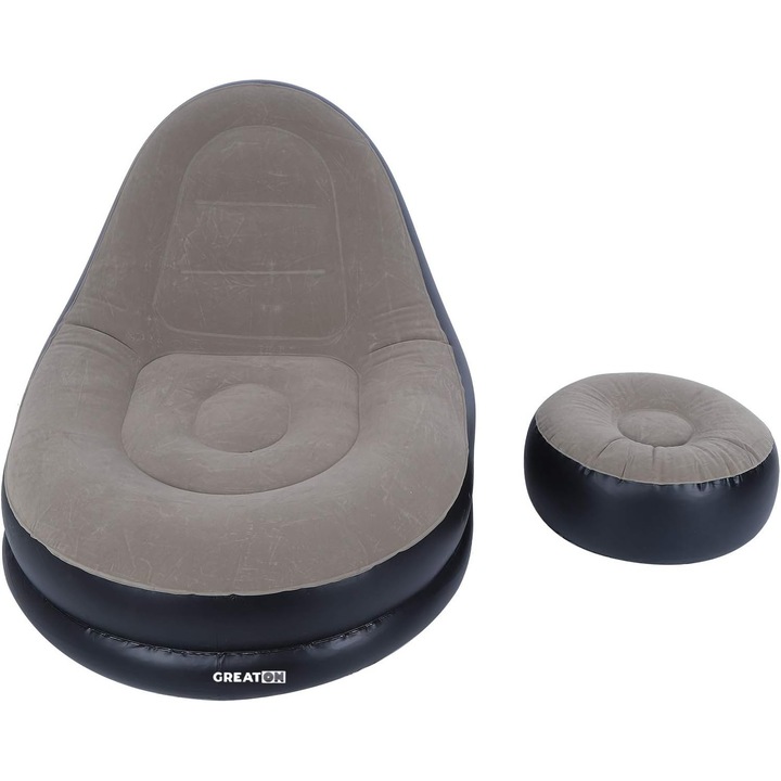 GREATON Felfújható Fotel Szett Lábtartóval, Bársonyos PVC, Pumpával, Vízálló, Beltéri/Kültéri, Fotel Mérete 116x98x83 cm, Fekete és Szürke Szín