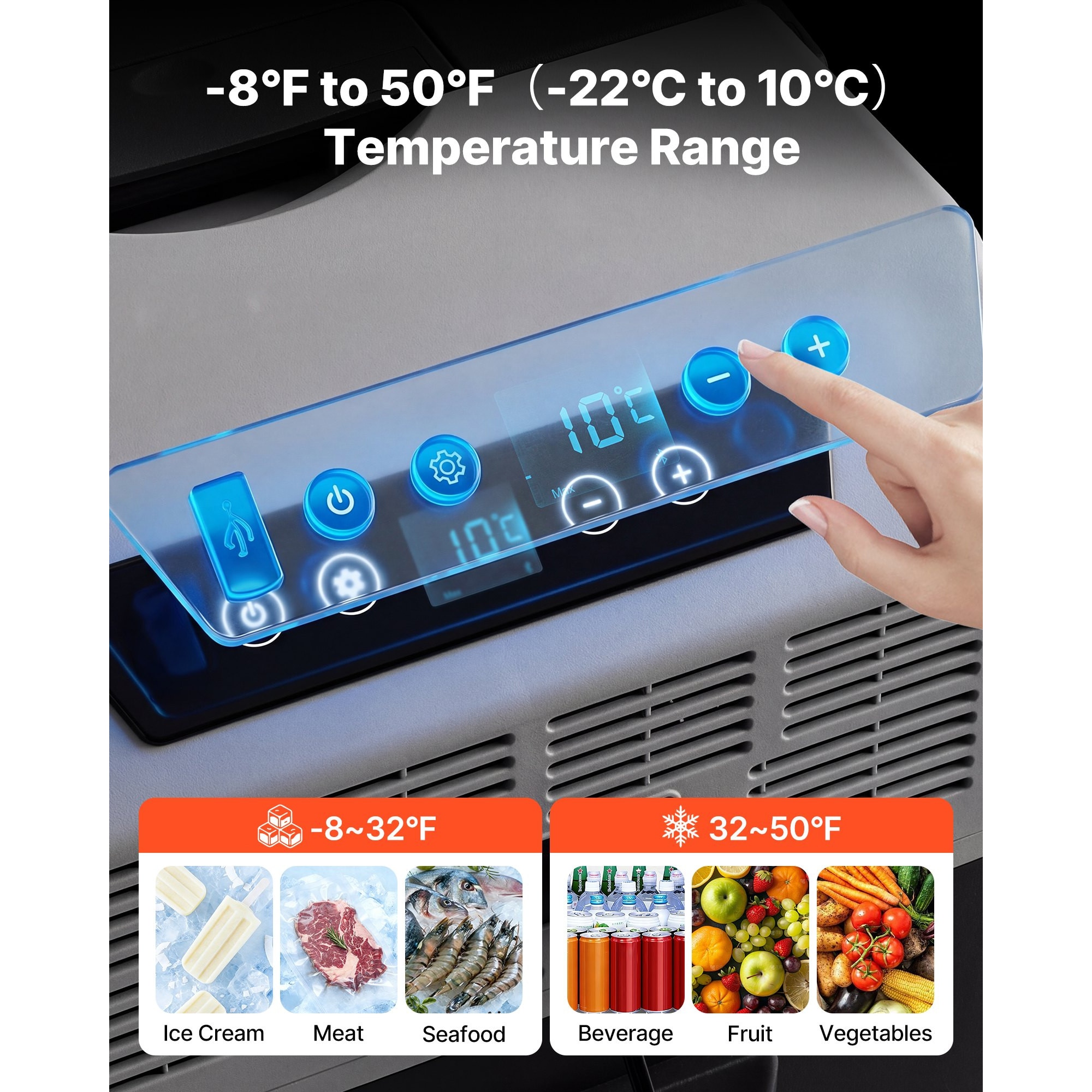 Frigider auto 12V, Lada frigorifica portabila 40L, Compresor -22°C la 10°C, Alimentare 12V/24V DC si 100-240V AC, Control prin aplicatie, Maner si roti, Gri
