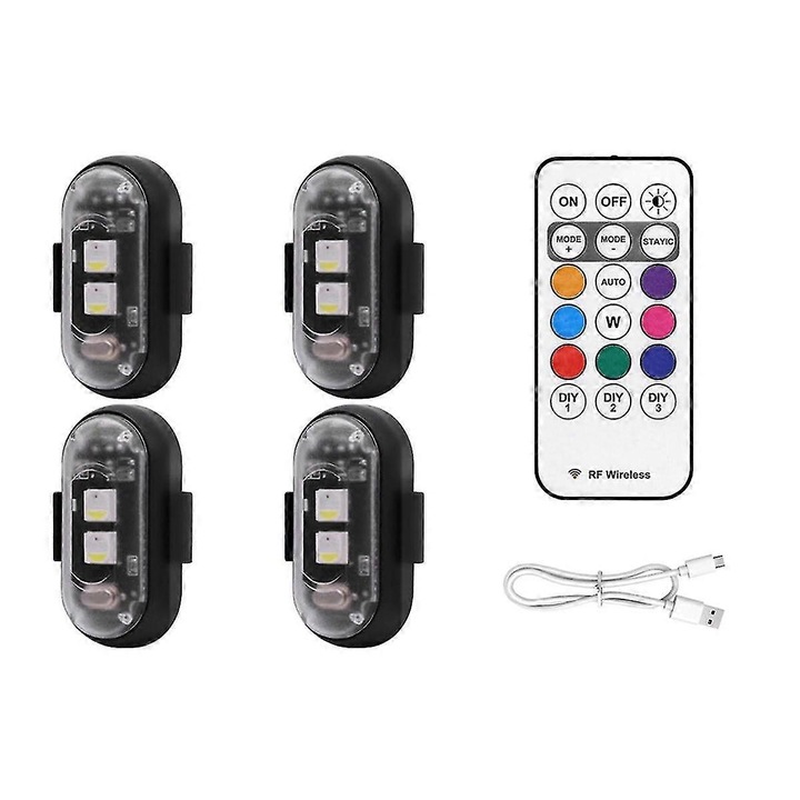 4 darabos szett, Vezeték nélküli LED stroboszkóp figyelmeztető lámpák, távirányítóval, 8 szín és 10 mód, USB újratölthető, IP65, Fekete