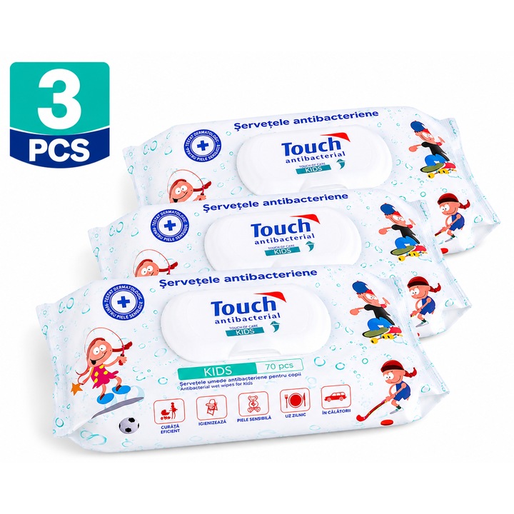 Pachet x 3 Servetele Umede Antibacteriene Touch Kids, 70 buc