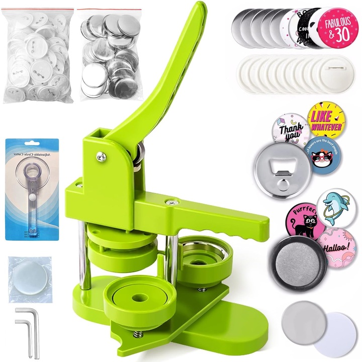 Set masina de facut insigne DIY, 58mm, Presa insigne.plastic+metal, Apasati cu o mana.Usor de utilizat, imaginativ, de inalta calitate, cadoul perfect de facut cu copiii, prietenii si familia.Cu insigne, Mucegaiuri etc.Jucarii, creativitate.Verde