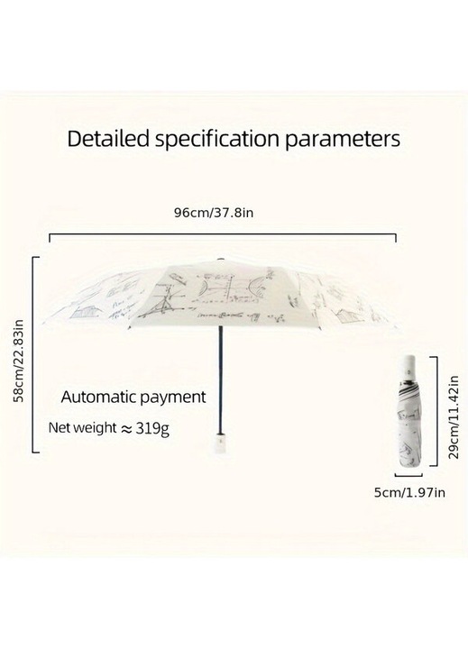 Automata összecsukható esernyő, UV-védelemmel ellátott napernyő, üvegszálas váz, 8 borda, kompakt, fehér, átmérő 96 cm, összecsukva 29 cm