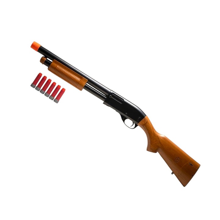 Pusca de jucarie manuala tip Shotgun, 6 proiectile Moi tip pufulete Nerf, 60 cm, Gri, 3+