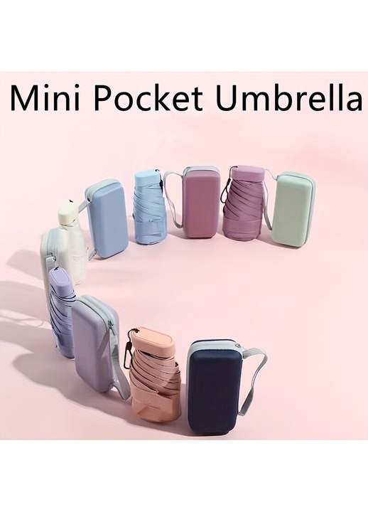 Kompakt mini összecsukható esernyő, 190T poncsó anyag, műanyag váz 6 küllővel, tárolódoboz mellékelve, fekete, 1 db