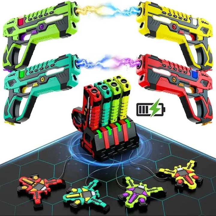 Set Laser Tag, Pistoale jucarie, Sincronizare date, Infrarosu, Baterie litiu, Efecte sonore, 14+, Negru