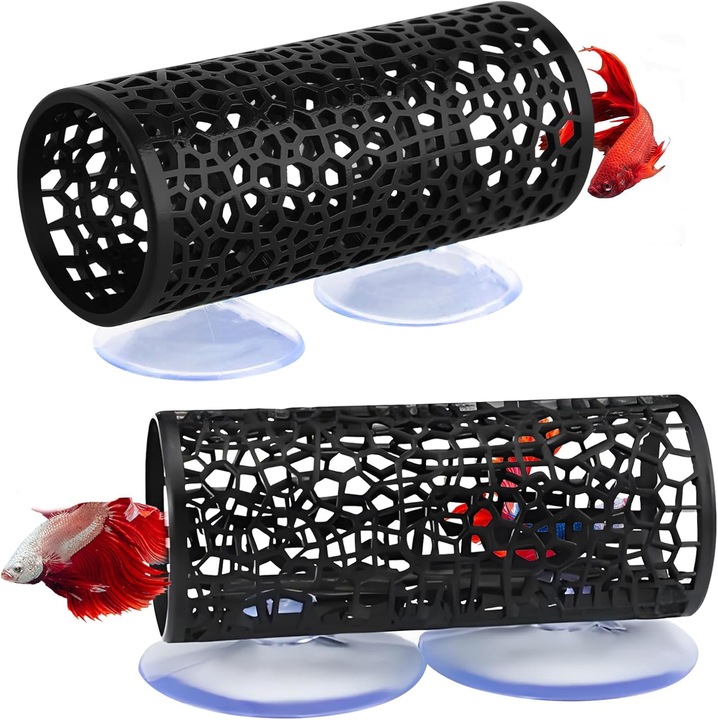 Set de 2 decoratiuni pentru acvariu in forma de Betta neagra, accesorii decorative cu ventuze, jucarii decorative ascunse pentru cresterea crevetilor, pesti mici, joaca si odihna