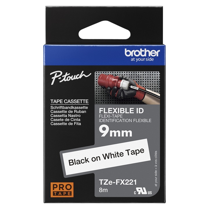 Caseta cu banda de etichete Brother TZEFX221 negru pe alb, 9mm