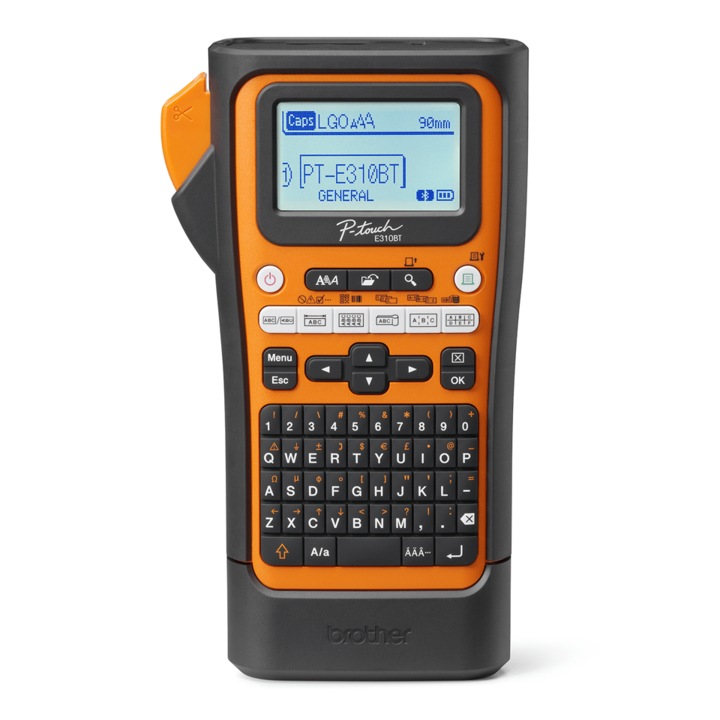 Imprimanta etichete Brother P-Touch PT-E310BTVP handheld industriala, Bluetooth, USB, cutter automat, print coduri bare, ecran LCD, tastatura QWERTY, latimi banda 3.5-18mm, geanta transport, baterie reincarcabila, Negru/Portocaliu