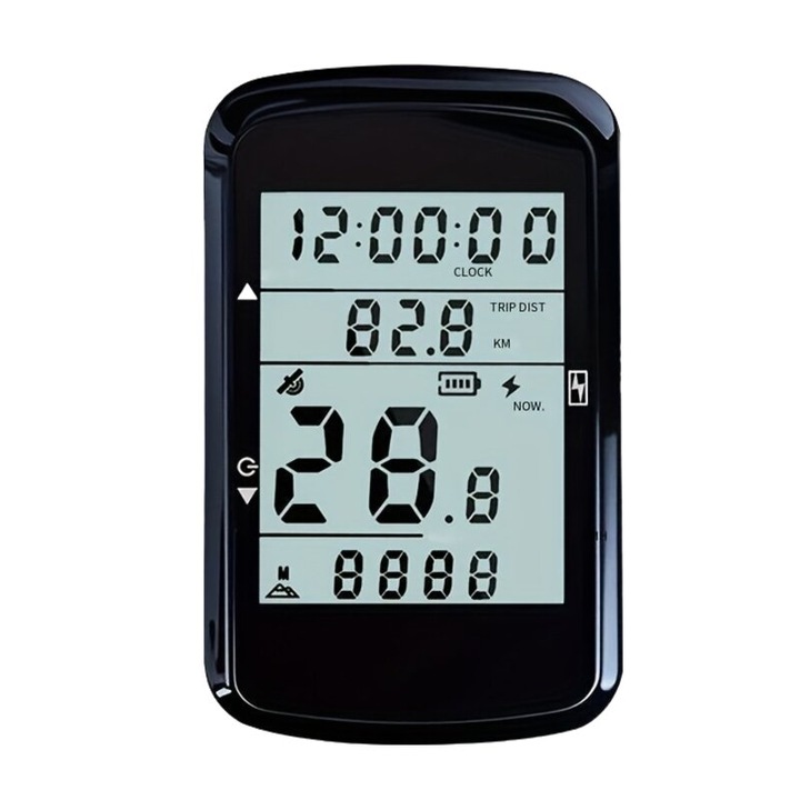 Computer bicicleta wireless (ciclocomputer), GPS integrat, afisaj mare digital, baterie reincarcabila USB, montare pe ghidon, negru