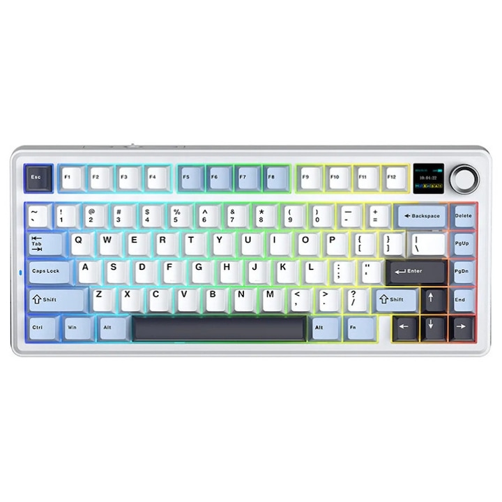 Геймърска механична клавиатура с екран, Aula F75 MAX White Blue, Hotswap RGB Gasket Bluetooth Wireless, Бяла