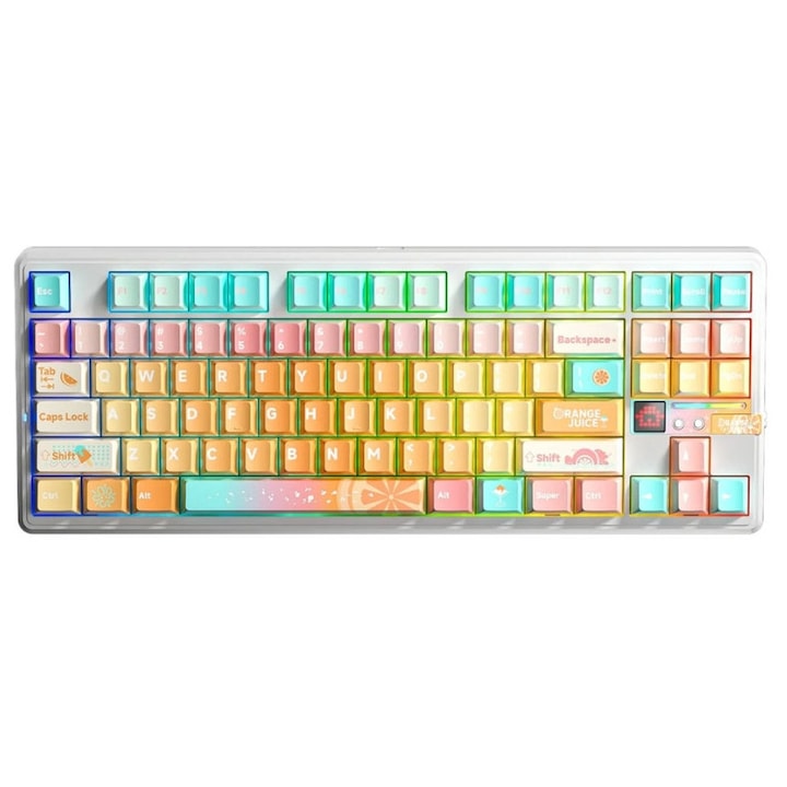 Механична геймърска клавиатура Aula F87 Pro V2, безжична 2.4GHz/Bluetooth/USB, Tenkeyless (TKL), RGB осветление, механичен суич, бял/оранжев, US (ENG)