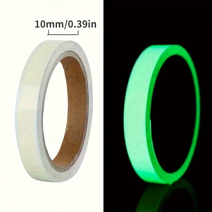 Foszforeszkáló, fényvisszaverő ragasztószalag, vízálló, könnyen vágható, átlátszó/zöld, 10mm, 1 db