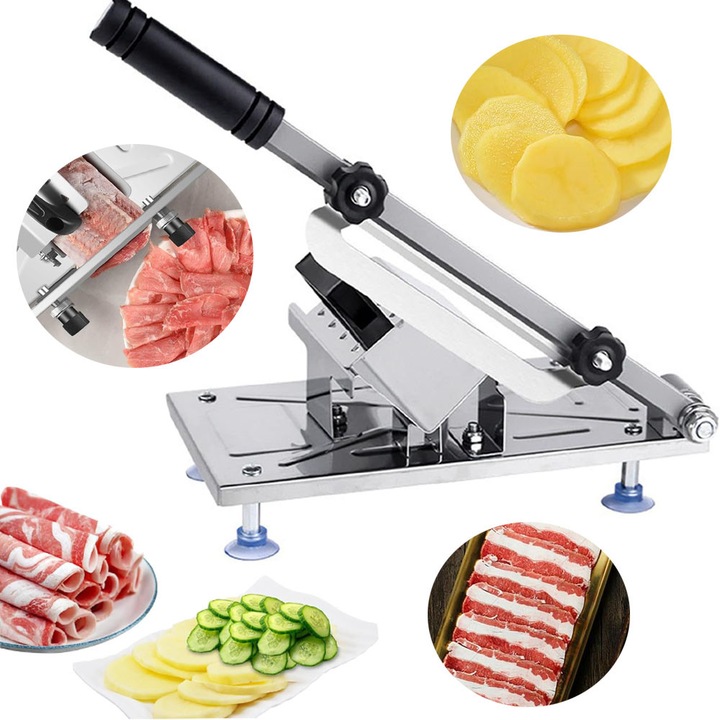 Feliator Manual De Carne, Cu Grosime Reglabila 0.3-8 MM, Maner Ergonomic, Pentru Carne Congelata Din Otel Inoxidabil, Pentru Vita, Pui, Miel Si Sunca, Legume, Culoare Argintie