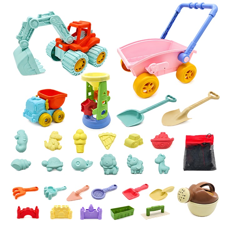 Set Jucarii de Plaja si Nisip KidProtect® OceanPlay, 30 de Accesorii, Lopetica, Excavator 40cm, Caruciur 50 cm, Galetusa, Sita, Grebla, Stropitoare, Jucarie Turnat Nisipi si Roata, Diferite Forme de Nisip, Saculet Depozitare Inclus