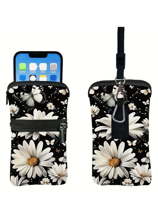 Crossbody telefontáska, poliészter, uniszex, cipzárral és állítható pánttal, Fehér Krizantém mintával, Fekete, kompakt