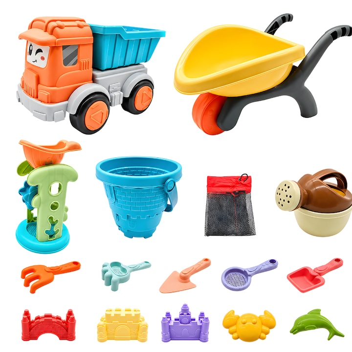 Set Jucarii de Plaja si Nisip KidProtect® Beach Explorers, 15 de Accesorii, Cu Basculanta Mare 25 cm, Roaba 40 cm cu Roti, Lopetica, Sita, Galetusa, Grebla, Cupa Turnat Nisip si Apa, Diferite Forme de Nisip, Saculet Depozitare Inclus