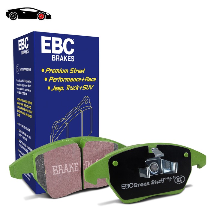 Комплект спирачни накладки EBC Greenstuff DP21482, подобрена производителност, ниско ниво на прах, за отпред, хомологация ECE R90, зелени, 4 бр., 193x79x21 мм