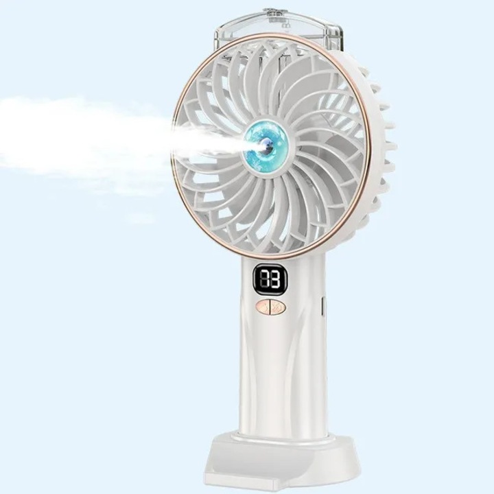 Ventilator portabil / mini ventilator, functie 2-in-1 racire si pulverizare (mist), 5 viteze, afisaj LED, rezervor 15ml, baterie 4000 mAh, USB-C reincarcabil, alb, 1 buc