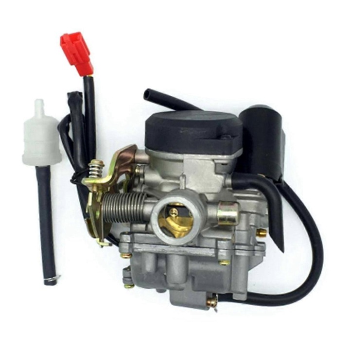 Carburator pentru scuter GY6 49/50cc, pentru motoare 4 timpi, cu jeturi upgradate, din metal, ID 18mm OD 40mm, metalic, 1 buc