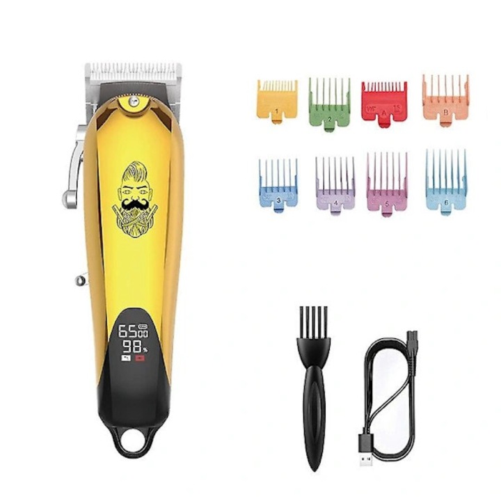 Aparat de tuns par/trimmer reincarcabil, ecran LCD, motor puternic 6500 RPM, putere 10W, lama din otel inoxidabil, autonomie 4h, incarcare USB, 8 piepteni limitatori (1.5-19mm), auriu, 1 buc