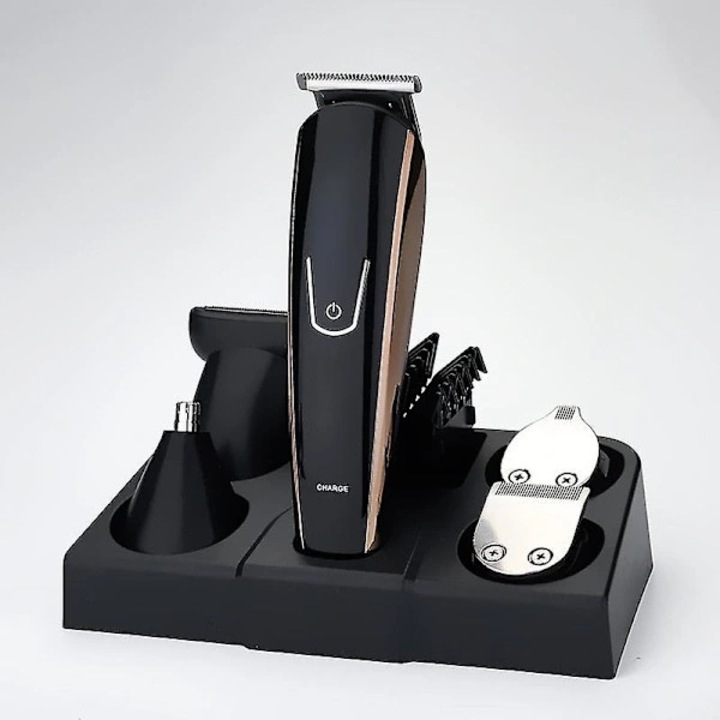 Trimmer multifunctional 7 in 1, aparat de tuns si pentru nas/urechi, reincarcabil USB, baterie 600 mAh autonomie 60 min, lama mobila unghiata patentata, auriu-negru, set