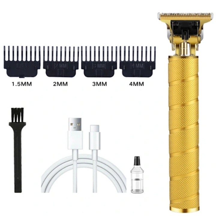 Trimmer pentru par si barba, cu lame T din otel inoxidabil, 4 capete interschimbabile 1.5/2/3/4 mm, baterie 1200mAh 180 min, incarcare USB-C, rezistent la apa, Auriu, 1 buc