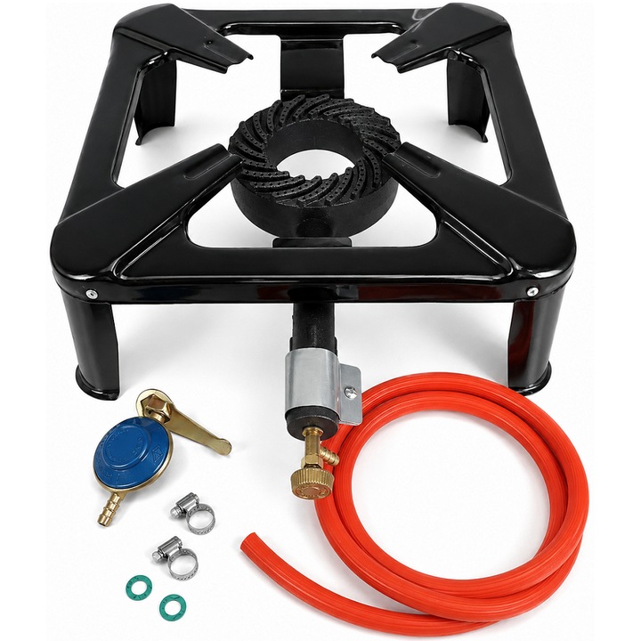 Pirostrie gaz cu arzator fonta, regulator si furtun 2 m pentru butelie GPL, camping, curte si gradina, 6.5 kW, exterior, Totokita®
