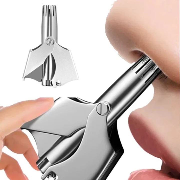 Trimmer nazal si pentru urechi manual, epilator din otel inoxidabil, cap rotativ 360°, fara baterii, argintiu, 1 buc